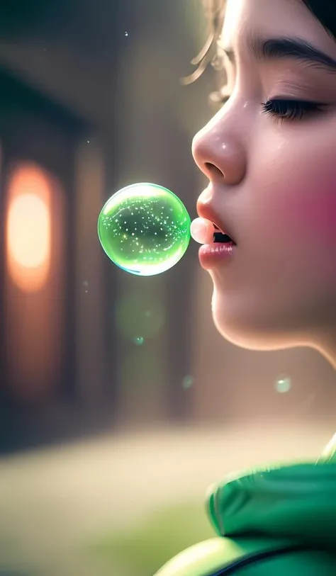 blowing bubble gum, green bubble gum,young girl, abstract dream, space, intricate, grand scale, alone, cinematic film still, insane detail, sharp focus, depth of field, realistic lighting, (realistic perspective), complex, (multiple subjects), 4k HDR, <lora:add_detail:0.5> <lora:more_details:0.25> <lora:FantasyWorldV1:0.25>