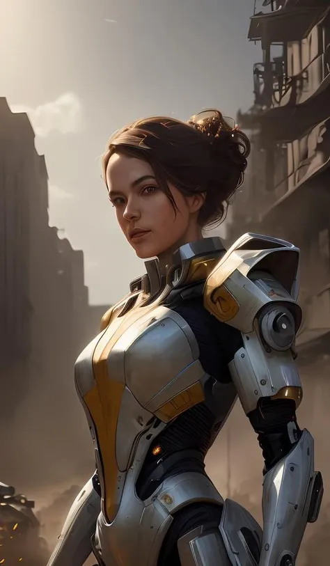 daniel gerhartz and artgerm full portrait digital rococo painting of a beautiful serious woman wearing a mecha suit, war torn battlefield in the background, glinting sunlight, unreal engine, hyper realism, realistic shading, cinematic composition, blender render, octane render, hdr, detailed textures, photorealistic, far wide shot, 3 5 mm film