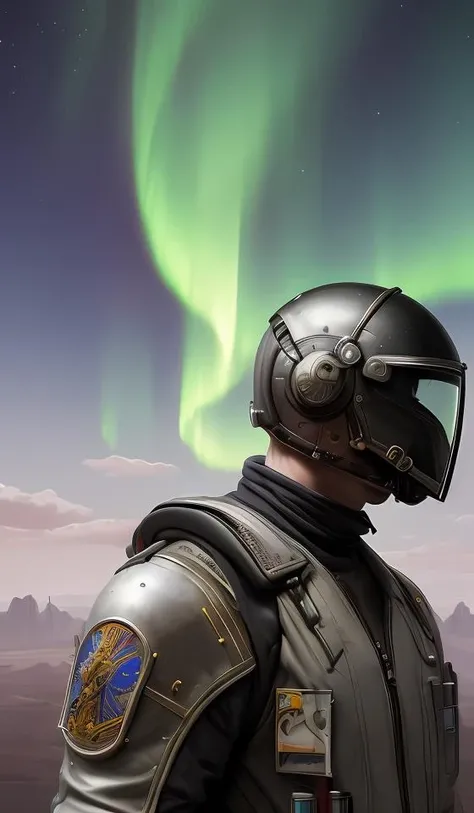 a detailed portrait painting of a bounty hunter in a flight suit, mask and a reflective visor. glass. head and chest. upperbody. movie scene, cinematic sci - fi scene. flight suit, cloth and metal, accurate anatomy. portrait and science fiction theme with lightning, aurora lighting. clouds and stars. futurism by beksinski carl spitzweg moebius syd mead and tuomas korpi. baroque elements. baroque element. intricate artwork by caravaggio. oil painting. award winning concept art. trending on artstation. 8 k