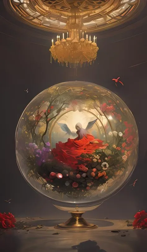 breathtaking detailed red gardian mao baby in glace sphere free thibet concept art painting art deco pattern of birds goddesses amalmation flowers, by hsiao ron cheng, tetsuya ichida, bizarre compositions, exquisite detail, extremely moody lighting, 8 k
