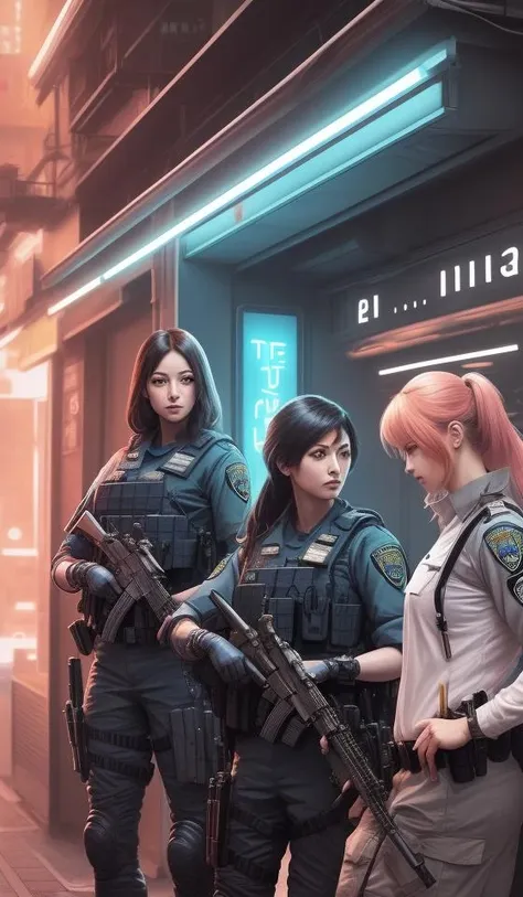 anime key visual of a team of multiple female swat officer ready to attack, neon, cyberpunk, futuristic, stunning, highly detailed, digital painting, smooth, soft focus, illustration, movie poster, japanese typography, digital art from artstation by artgerm and greg rutkowski and alphonse mucha