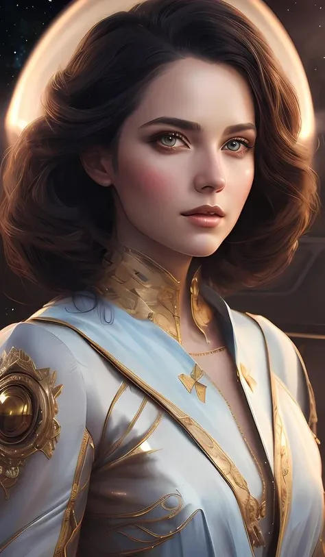 a beautiful woman in a space themed ballgowm. beautiful highly detailed face. painting by artgerm and greg rutkowski and magali villanueve.