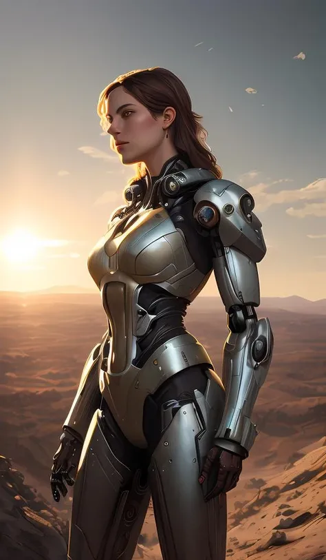 daniel gerhartz and artgerm full portrait digital rococo painting of a beautiful serious woman wearing a mecha suit, war torn battlefield in the background, glinting sunlight, unreal engine, hyper realism, realistic shading, cinematic composition, blender render, octane render, hdr, detailed textures, photorealistic, far wide shot, 3 5 mm film