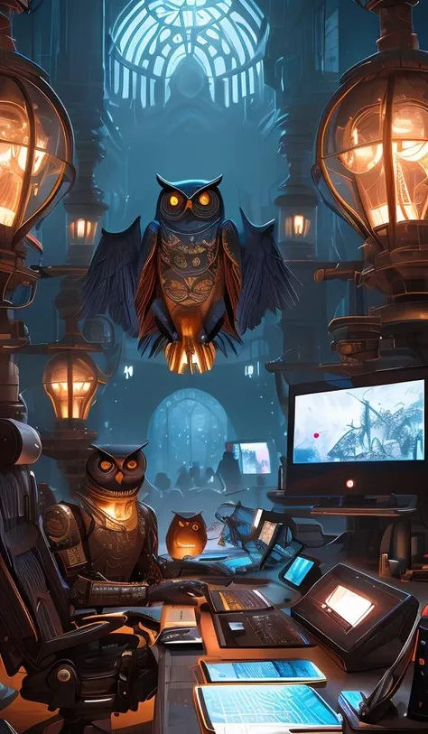 an giant evil, malevolent, cyborg owls looking at a computer, surrounded by computer screens. steampunk, intricate, elegant, fantasy, highly detailed, digital painting, concept art, sharp focus, illustration, beautiful lighting, epic light, artstation, colorful, dramatic