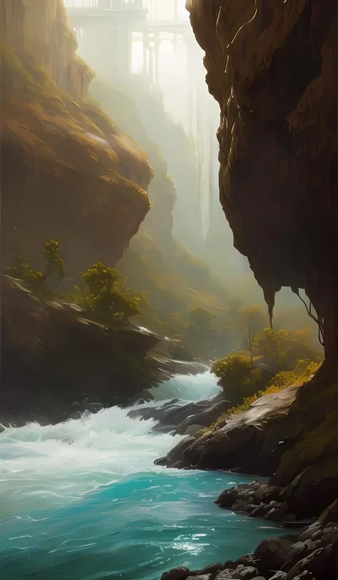 a beautiful painting of the view from the whitewater river of caverns measureless to man down to a sunless sea, intricate, elegant, highly detailed, digital painting, artstation, concept art, by krenz cushart and artem demura and alphonse mucha
