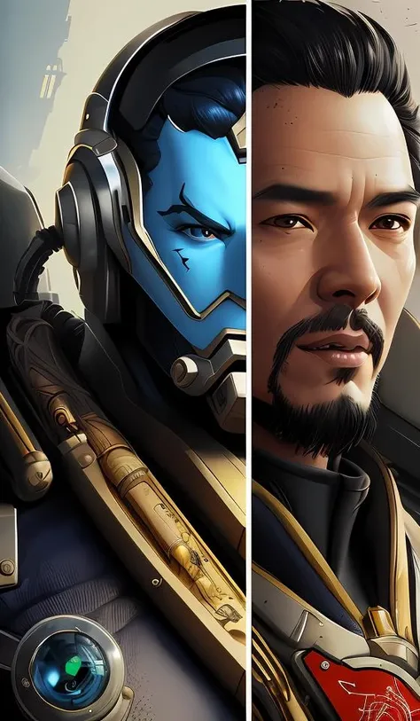 hanzo from overwatch, cyber suit, character portrait, portrait, close up, concept art, intricate details, highly detailed, vintage sci - fi poster, retro future, vintage sci - fi art, in the style of chris foss, rodger dean, moebius, michael whelan, katsuhiro otomo, and gustave dore
