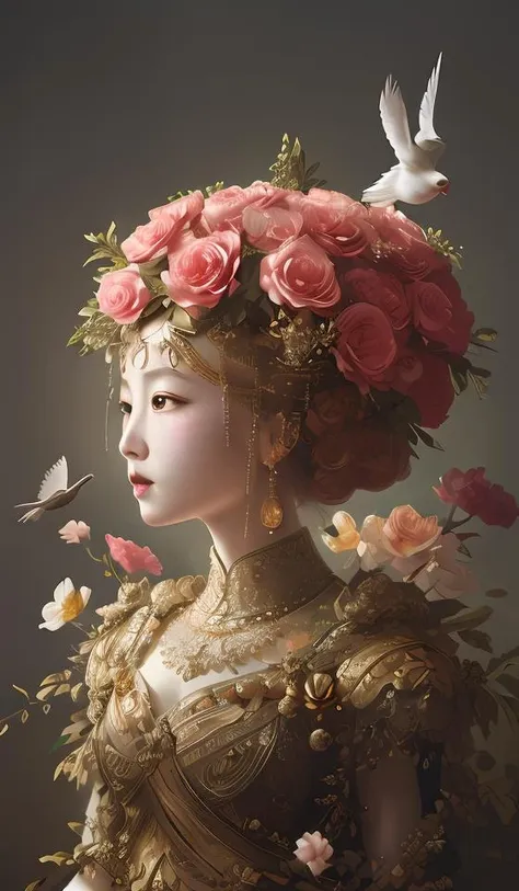 breathtaking detailed red gardian mao baby in glace sphere free thibet concept art painting art deco pattern of birds goddesses amalmation flowers, by hsiao ron cheng, tetsuya ichida, bizarre compositions, exquisite detail, extremely moody lighting, 8 k