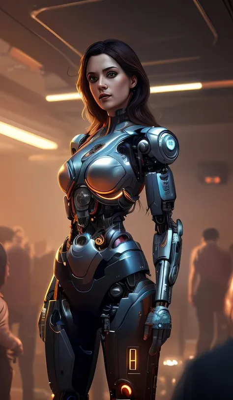 ultra realistic, beautiful female cyborg in a crowded smoky cyberpunk club in space megalopolis, sci-fi, intricate details, eerie, highly detailed, octane render, 8k, art by artgerm and alphonse mucha and greg rutkowski