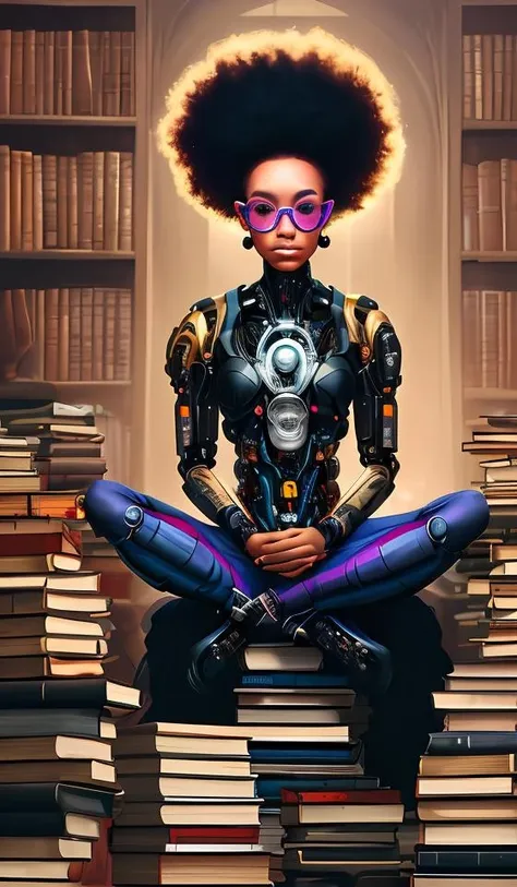 symmetry!!! a young black girl with a colorful afro and cybernetic glasses, sits cross legged on top of a tall pile of books!! in a vast and endless library. a beautiful painting by artgerm and greg rutkowski and justin bua and evgeni gordiets in a surreal portrait style. psychedelic, beautiful detailed face. synthwave color scheme