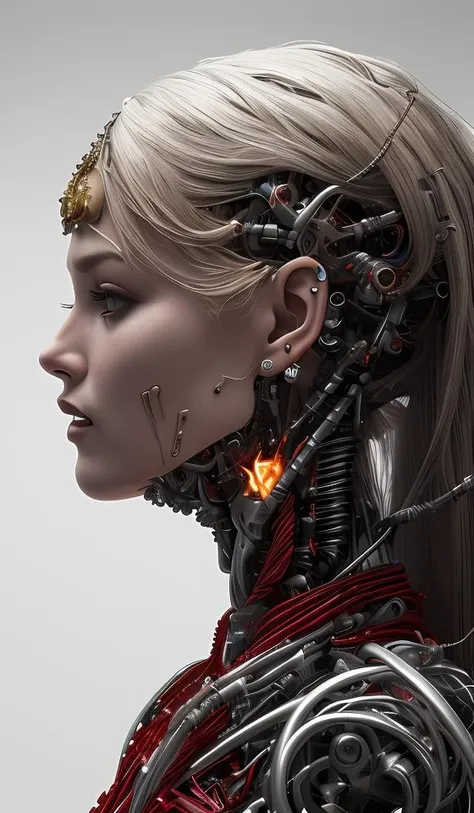 8K, fire ,red, flame,,explosion, , highly detailed, a beautiful ultra detailed of a beautiful profile, biomechanical cyborg,deamon 1mechanical girl,((ultra realistic details))woman with all ruby red dress, fantasy,, fantasy, intricate, elegant, highly detailed, , sharp focus, illustration,red black hole, MCSkin complex 3d render ultra detailed of a beautiful profile, biomechanical cyborg, analog, 150 mm lens, beautiful natural soft rim light, big leaves and stems, roots, fine foliage lace, colorful details, samourai, Boris Bidjan Saberi outfit, pearl earring, piercing, art nouveau fashion embroidered, intricate details, mesh wire, mandelbrot fractal, anatomical, facial muscles, cable wires, microchip, badass, hyper realistic, ultra detailed, octane render, volumetric lighting, 8k post-production, red and white with a bit of black, detailled metalic bones, semi human, iridescent colors, Glenn Brown style, white room,(art by David Sims:1.3),,<lora:LowRA:.9>dark theme