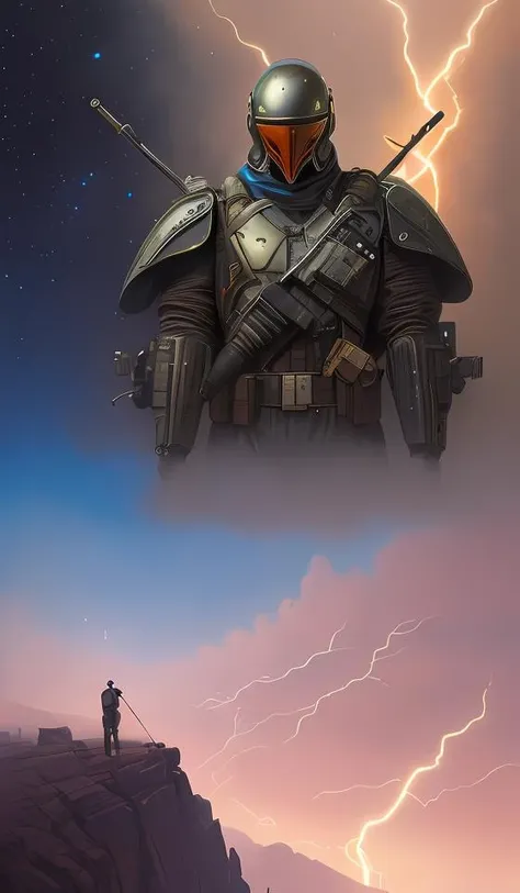 a detailed portrait painting of a bounty hunter in a flight suit, mask and a reflective visor. glass. head and chest. upperbody. movie scene, cinematic sci - fi scene. flight suit, cloth and metal, accurate anatomy. portrait and science fiction theme with lightning, aurora lighting. clouds and stars. futurism by beksinski carl spitzweg moebius syd mead and tuomas korpi. baroque elements. baroque element. intricate artwork by caravaggio. oil painting. award winning concept art. trending on artstation. 8 k