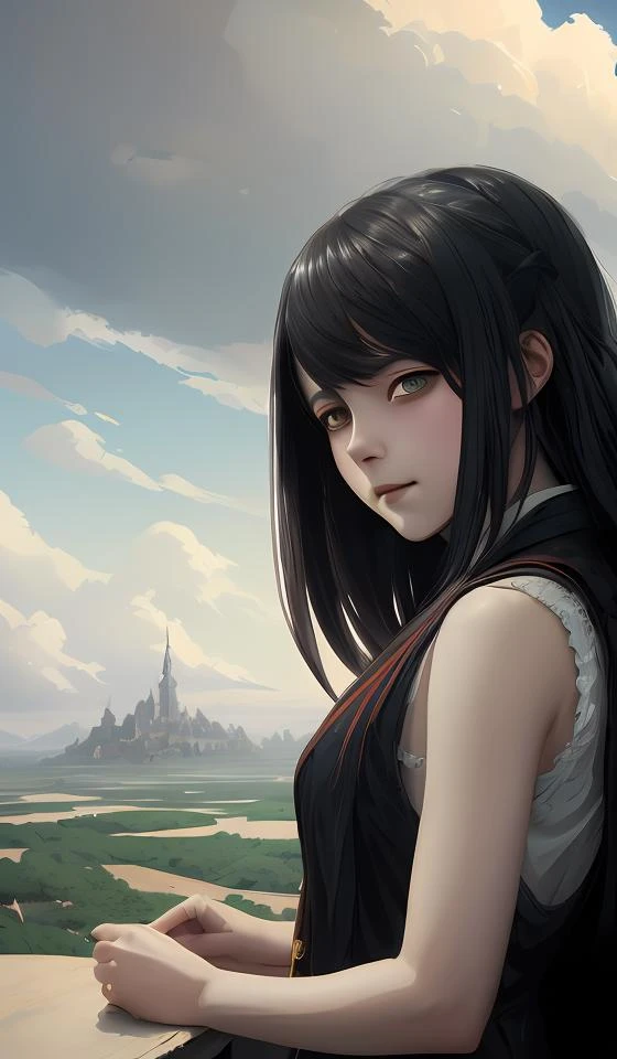 portrait of cute goth girl, cloudy sky background lush landscape illustration concept art anime key visual trending pixiv fanbox by wlop and greg rutkowski and makoto shinkai and studio ghibli