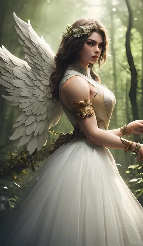 muscular Angel in enchanted forest, prismatic highlights, atmosphere, gorgeous, depth of field, cinematic, macro, concept art, 50mm, artstation, wlop, elegant, epic, weta digital, focus, octane render, v-ray, 8k, kodak portra, art by Liberatore