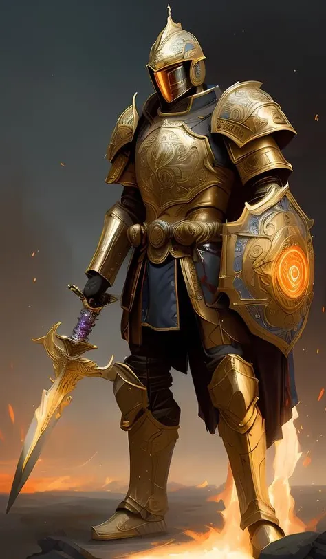 full body, attack position abstract painting in lush fantasy environment of a ornate holy mechanical warforged with circular glowing eye, character in yellow armor holding a legendary paladin engraved holy great longsword and carrying a huge heavy paladin shield, vertically flat head, face in focus, epic , trending on ArtStation, masterpiece, cinematic lighting, by Ross Tran, by Delphin Enjolras, by Ruan Jia, by Greg Rutkowski