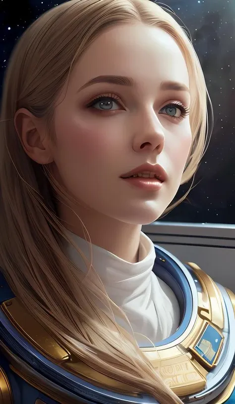 a beautiful woman in a space themed ballgowm. beautiful highly detailed face. painting by artgerm and greg rutkowski and magali villanueve.