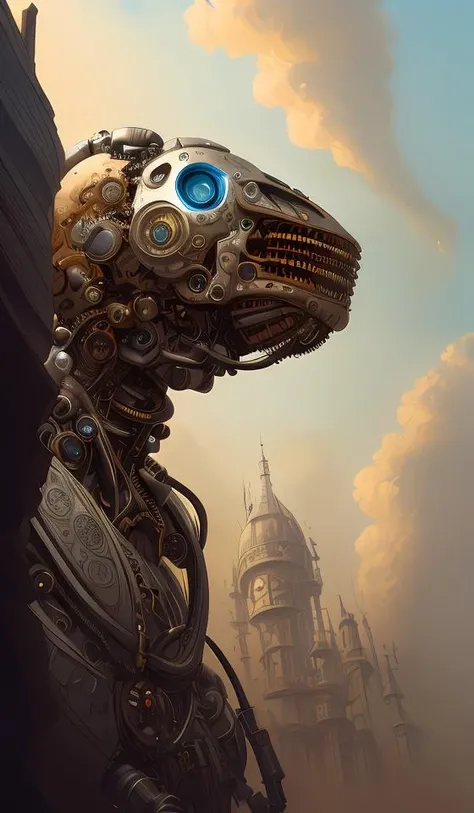 low angle shot of a steampunk cyborg by clive barker, intricate, elegant, highly detailed, centered, digital painting, artstation, concept art, smooth, sharp focus, illustration, artgerm, Tomasz Alen Kopera, Peter Mohrbacher donato giancola, Joseph Christian Leyendecker, WLOP, Boris Vallejo.