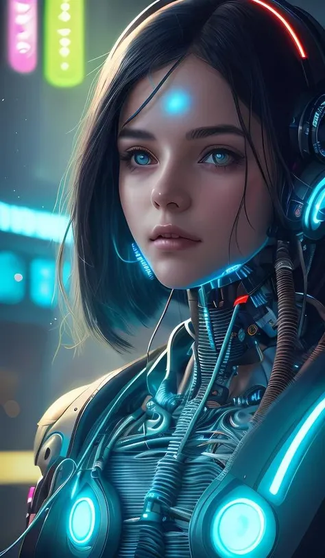 Cute cyborg girl , surrounded by cables , illustrated by Greg Rutkowski and H.R. Giger, 35mm lens, beautiful macro close-up imagery, vibrantly lush neon lighting, beautiful volumetric-lighting-style atmosphere, a futuristic atmosphere, intricate, ultra detailed, photorealistic imagery, trending on artstation, 4k, 8k