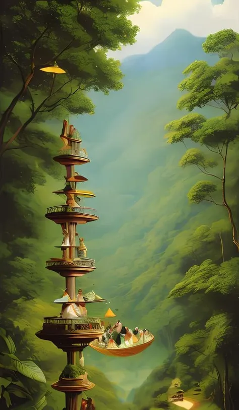 an achingly beautiful print of balancing scales in the rainforest by raphael, hopper, and rene magritte. detailed, romantic, enchanting, trending on artstation.