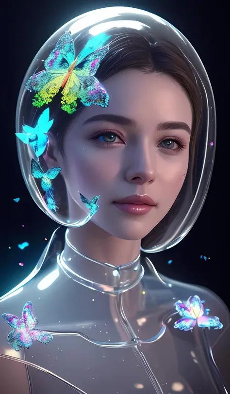 a very beautiful dreamy hyper realistic portrait of a beautiful! glass woman made of transparent glossy glass skin surrounded with glowing butterflies, rendered by beeple, by makoto shinkai, syd meade, space art concept, sci - fi, digital art, unreal engine, wlop, trending on artstation, 4 k uhd image, octane render