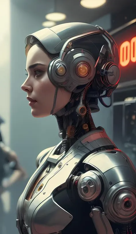 ultra realistic, beautiful female cyborg in a crowded smoky cyberpunk club in space megalopolis, sci-fi, intricate details, eerie, highly detailed, octane render, 8k, art by artgerm and alphonse mucha and greg rutkowski