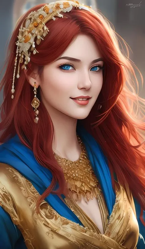 beautiful woman rim amari, dressed in tlemcen cheddar, karol bak, ayami kojima, artgerm, sakimichan, arab beauty, red hair, blue eyes, smile, concept art, fantasy