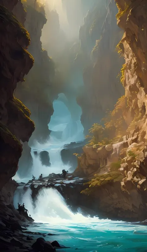 a beautiful painting of the view from the whitewater river of caverns measureless to man down to a sunless sea, intricate, elegant, highly detailed, digital painting, artstation, concept art, by krenz cushart and artem demura and alphonse mucha
