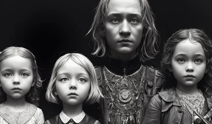 group of creep children staring out, black and white character portrait, ultra realistic, concept art, intricate details, war, cinematic, highly detailed by louis wain