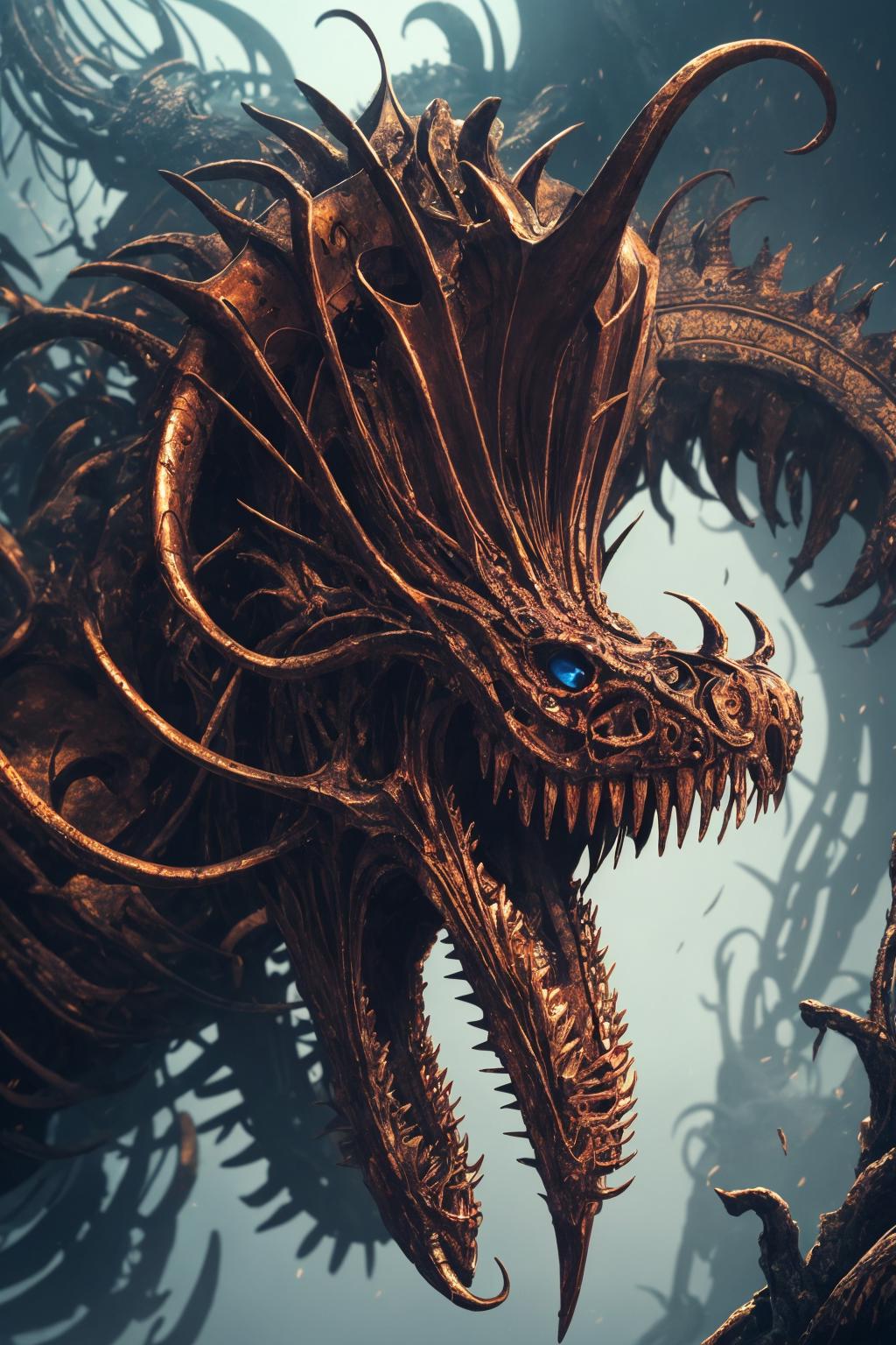 A close up of a dragon with a large head and large teeth - SeaArt AI