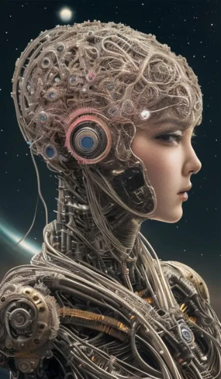 female robot pilot, mechanical creature, electronic wires relays computer nerves, girl face, dystopian surrealism, alex ries zdzisaw beksinski giger, very intricate details, demon chinese female, deep luminous eyes contain galaxies, head contains nebula, deep aesthetic, concept art, carved silver circuits diodes resistors semiconductors, highly ornate