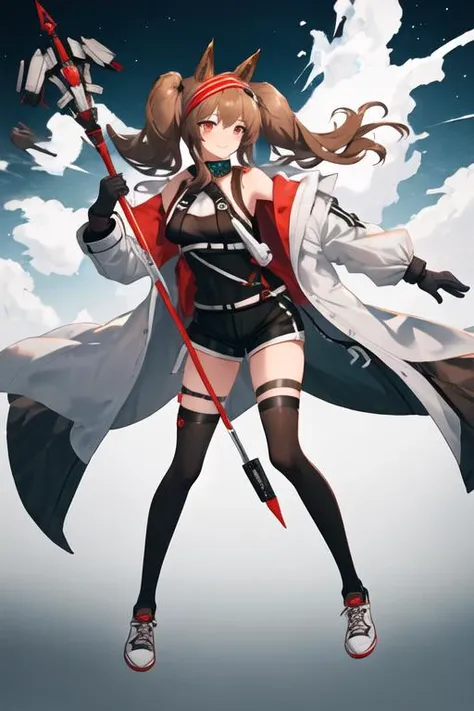 best quality, masterpiece, highres, solo, {angelina_arknights:1.15}, brown_hair, long_hair, animal_ears, fox_ears, twintails, bangs, hairband, red_hairband, red_eyes, infection_monitor_\(arknights\), upper_body, breasts, blush, smile, 1girl, black_gloves, black_shorts, coat, gloves, holding, jacket, long_sleeves, open_clothes, shorts, staff, white_coat, black_footwear, black_shirt, black_socks, shirt, shoes, short_shorts, socks, full_body, holding_staff, sneakers, white_jacket, kneehighs, looking_at_viewer, open_coat, open_jacket