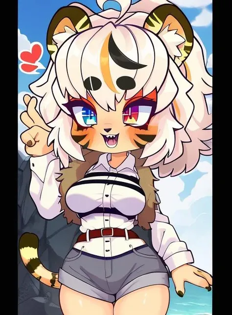best quality, (masterpiece),(ultra-detailed), (high quality), (high resolution), <lora:CherryToragao-10:0.7>,1girl, ahoge, animal ears, animal nose, artist name, beach, blue eyes, blush, body fur, breasts, cherrytoragao, chibi, collared shirt, cowboy western, frills, furry, furry female, hat, heart ahoge, heterochromia, multicolored hair, open mouth, red eyes, shirt, smile, solo, streaked hair, teeth, tiger ears, tiger girl, tiger tail, white hair, white shirt,short hair, open clothes,