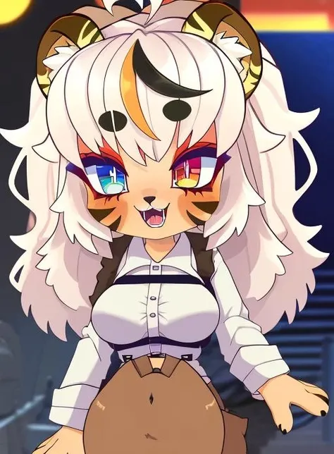 best quality, (masterpiece),(ultra-detailed), (high quality), (high resolution), <lora:CherryToragao-10:0.7>,1girl, ahoge, animal ears, animal nose, artist name, beach, blue eyes, blush, body fur, breasts, cherrytoragao, chibi, collared shirt, cowboy western, frills, furry, furry female, hat, heart ahoge, heterochromia, multicolored hair, open mouth, red eyes, shirt, smile, solo, streaked hair, teeth, tiger ears, tiger girl, tiger tail, white hair, white shirt
