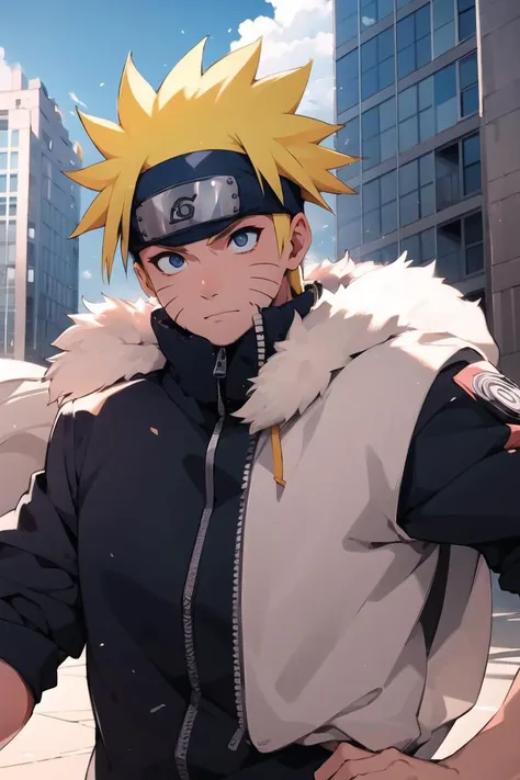 1boy ,solo,    detailed eyes,   masculine face, urban area ,  modern building , sunglasses, vast blue sky, clouds,  morning, sunny, muscular male, detailed background,    <lora:Naruto:0.8> uzumaki naruto,   <lora:tokonone-17:0.8>