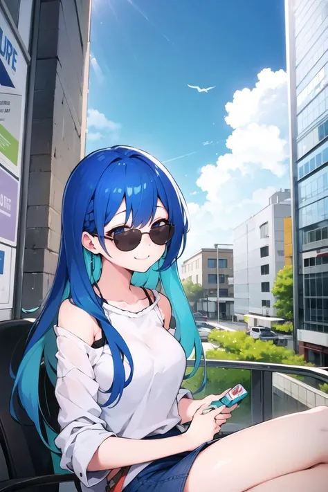 1girl,solo, detailed eyes, smile, perfect face, urban area , modern building , sunglasses, juice box, vast blue sky, clouds, long hair, multicolored hair, <lora:tokonone-17:0.8>,
