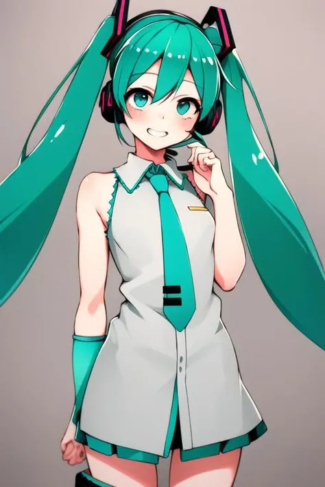 (best quality, masterpiece1.2), detailed,1girl, solo,looking at viewer,simple background, close-up, uwu,
standing ,smile ,detailed eyes , detailed face,realistic, adorable face , cute, hatsune miku, log eyelashes, teeth,hair ornament, necktie, headphones,
<lora:beautifulDetailedEyes:0.5>,elbow hand out of frame, <lora:tokonone-18:1>,tokonone