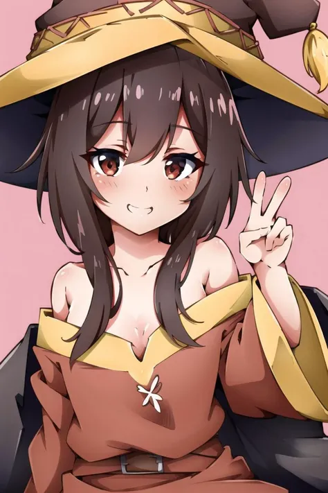 (best quality), detailed,1girl, solo,looking at viewer,simple background, upper body, close-up, peace sign
standing ,smile ,detailed eyes , detailed face, adorable face , cute, megumin, witch hat, red mage robe,
<lora:beautifulDetailedEyes:0.1>,elbow hand out of frame, <lora:megumin_type2:0.6>, <lora:tokonone-17:1>