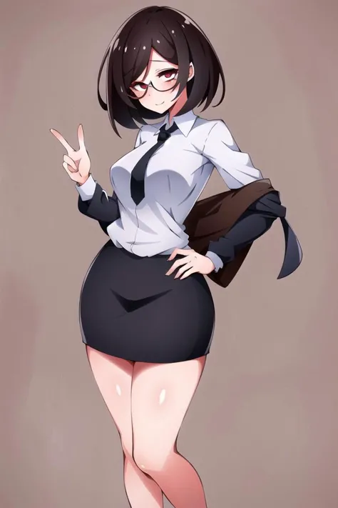 (best quality), detailed,1girl, solo,looking at viewer,simple background,
dynamic pose,smile ,detailed eyes , full body, red eyes, dark hair , bob cut, office lady, mature male, necktie, glasses, miniskirt, <lora:tokonone-17:1>