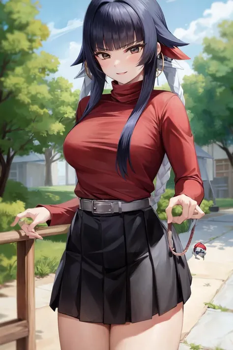masterpiece, best quality, absurdres, perfect antomy, sui-feng, 1girl, solo, cowboy shot, outdoors, standing, (red turtleneck:1.2), pleated skirt, belt, smile