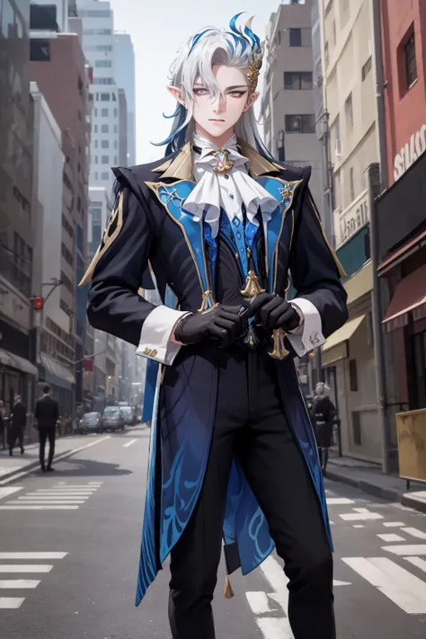 masterpiece, best quality, 1boy, neuvillette, long hair, blue hair, white hair, multicolored hair, hair between eyes, pointy ears, hair ornament, black gloves, black pants, formal, long sleeves, standing, contrapposto, newyork street background <lora:Neuvillette:1>