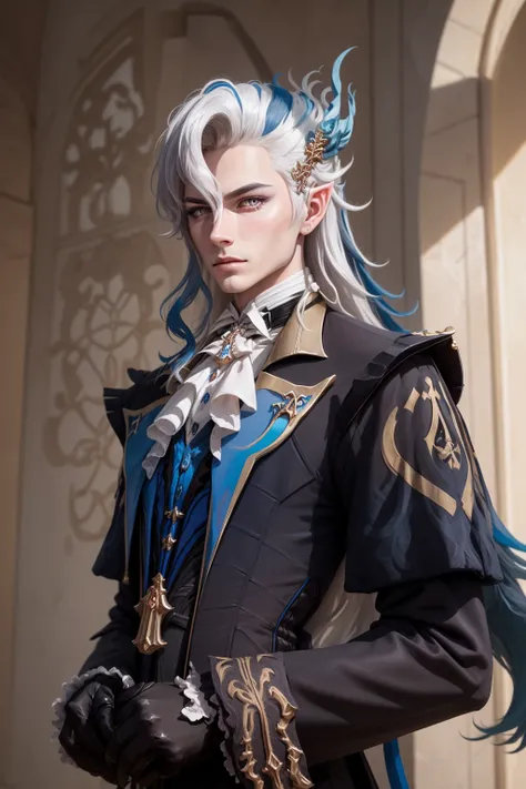 masterpiece, best quality, 1boy, neuvillette, long hair, blue hair, white hair, multicolored hair, hair between eyes, pointy ears, hair ornament, black gloves, black pants, formal, long sleeves, upper body, french medieval castle background <lora:Neuvillette:1>