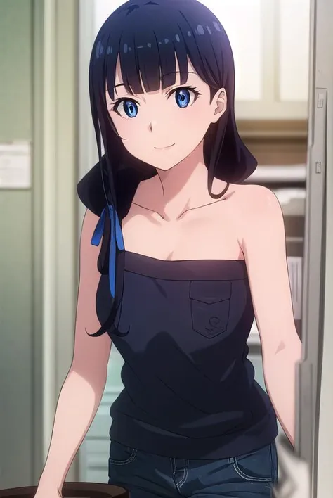 marikurokawa, <lora:mari kurokawa s1s2-lora-nochekaiser:1>,
mari kurokawa, long hair, bangs, blue eyes, black hair, ribbon, hair ribbon, blue ribbon, hair over shoulder, smile,
BREAK shirt, bare shoulders, collarbone, black shirt, strapless, pants, denim,
BREAK indoors, clinic,
BREAK looking at viewer, (cowboy shot:1.5),
BREAK <lyco:GoodHands-beta2:1>, (masterpiece:1.2), best quality, high resolution, unity 8k wallpaper, (illustration:0.8), (beautiful detailed eyes:1.6), extremely detailed face, perfect lighting, extremely detailed CG, (perfect hands, perfect anatomy),
