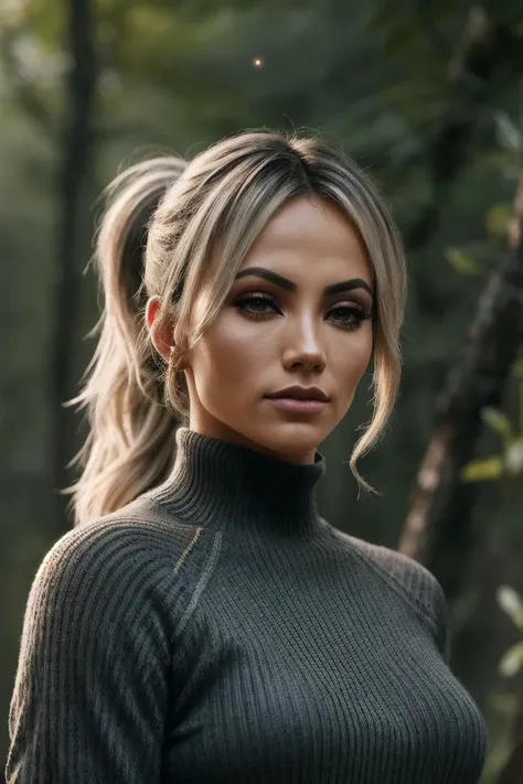 perfect cinematic shoot of a beautiful woman (EPV1v1W1nkl3r:.99), a woman standing at a forest edge, perfect high ponytail, wearing sexy gray (sweater), (meteor showers in background:1.2), (detailed background:1.1), (face focus), modelshoot style, (extremely detailed CG unity 8k wallpaper), professional majestic (photography by Roberto Ferri:1.1), 24mm, exposure blend, hdr, extremely intricate, High (Detail:1.1), dramatic, soft cinematic light, (looking at viewer), (detailed pupils),8k, highly detailed, rich environment, 4k textures, soft cinematic light, elegant, ((((cinematic look)))), soothing tones, insane details, hyperdetailed, ("In Jernau we trust!":1.1)