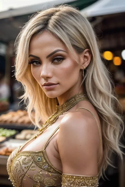beautiful woman (EPV1v1W1nkl3r:.99), perfect hair, jewellery, ((portrait)), (closeup:1.2), ((from the waist up)), ((( A lively food market, specializing in international street food and vibrant cultural performances :1.2 ))), natural skin texture, (( Knotted dress :1.2)), 24mm, 4k textures, soft cinematic light, adobe lightroom, photolab, hdr, intricate, elegant, highly detailed, sharp focus, ((((cinematic look)))), soothing tones, insane details, intricate details, hyperdetailed, low contrast, soft cinematic light, exposure blend, hdr, faded, now, ("I've got a bad feeling about this.":1.1)