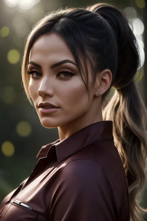 perfect cinematic shoot of a beautiful woman (EPV1v1W1nkl3r:.99), a woman standing at a enchanted glade, perfect high ponytail, wearing sexy burgundy (Button-Up Shirt), (comet tail in background:1.2), (detailed background:1.1), (face focus), modelshoot style, (extremely detailed CG unity 8k wallpaper), professional majestic (photography by Roberto Ferri:1.1), 24mm, exposure blend, hdr, extremely intricate, High (Detail:1.1), dramatic, soft cinematic light, (looking at viewer), (detailed pupils),8k, highly detailed, rich environment, 4k textures, soft cinematic light, elegant, ((((cinematic look)))), soothing tones, insane details, hyperdetailed, ("In Jernau we trust!":1.1)