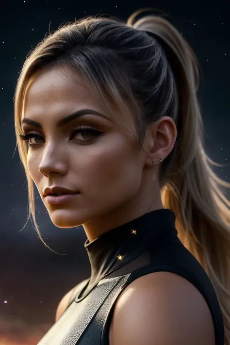 perfect cinematic shoot of a beautiful woman (EPV1v1W1nkl3r:.99), a woman standing at a ancient citadel remnants, perfect high ponytail, wearing sexy orange (Blouse with High Neckline), (starry nebula in background:1.2), (detailed background:1.1), (face focus), modelshoot style, (extremely detailed CG unity 8k wallpaper), professional majestic (photography by Roberto Ferri:1.1), 24mm, exposure blend, hdr, extremely intricate, High (Detail:1.1), dramatic, soft cinematic light, (looking at viewer), (detailed pupils),8k, highly detailed, rich environment, 4k textures, soft cinematic light, elegant, ((((cinematic look)))), soothing tones, insane details, hyperdetailed, ("In Jernau we trust!":1.1)