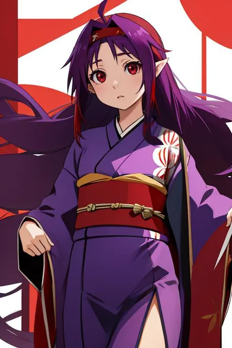 masterpiece, best quality,
female, petite, <lora:yuukikonno-lora-nochekaiser:0.7> yuuki konno, hairband, long hair, pointy ears, purple hair, (red eyes:1.5), kimono