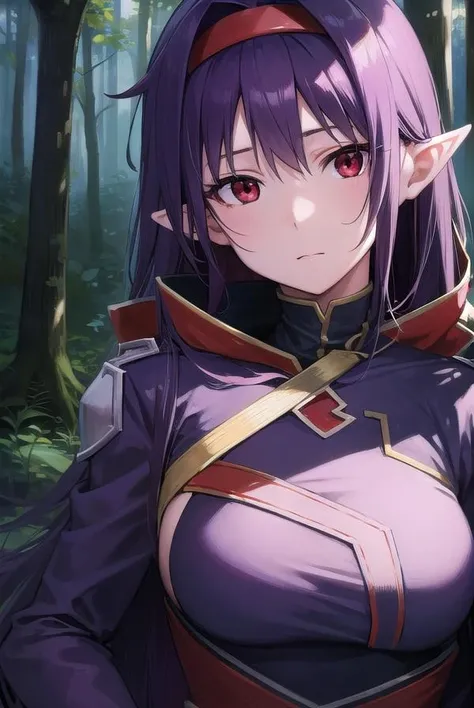 yuukikonno, <lora:yuukikonno-lora-nochekaiser:1>,
yuuki konno, hairband, long hair, pointy ears, purple hair, (red eyes:1.5), (small breasts:1.2), <lora:talkmouth_E_v100:1>, open mouth,
BREAK black thighhighs, detached sleeves, thighhighs, dress, purple dress, armor, purple armor,
BREAK looking at viewer, upper body, full body,
BREAK outdoors, forest, nature,
BREAK <lyco:GoodHands-beta2:1>, (masterpiece:1.2), best quality, high resolution, unity 8k wallpaper, (illustration:0.8), (beautiful detailed eyes:1.6), extremely detailed face, perfect lighting, extremely detailed CG, (perfect hands, perfect anatomy),