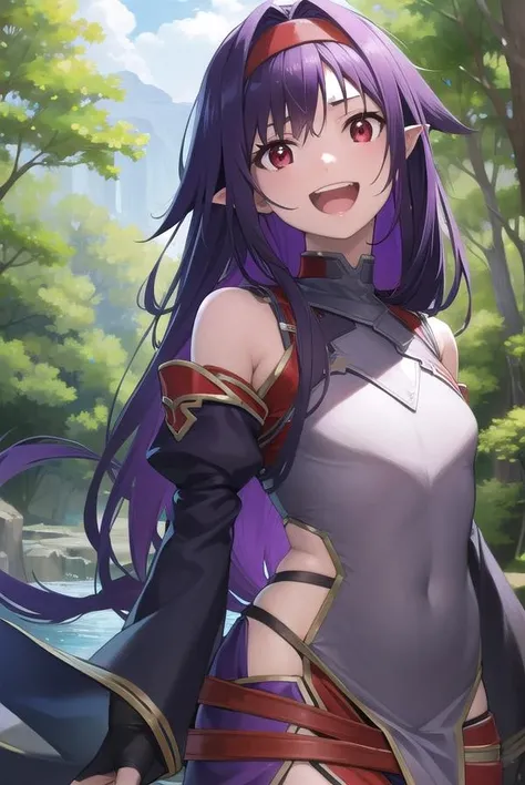yuukikonno, <lora:yuukikonno-lora-nochekaiser:1>,
yuuki konno, hairband, long hair, pointy ears, purple hair, (red eyes:1.5), (small breasts:1.2), <lora:talkmouth_A_v100:1>, open mouth,
BREAK black thighhighs, detached sleeves, thighhighs, dress, purple dress, armor, purple armor,
BREAK looking at viewer, upper body, full body,
BREAK outdoors, forest, nature,
BREAK <lyco:GoodHands-beta2:1>, (masterpiece:1.2), best quality, high resolution, unity 8k wallpaper, (illustration:0.8), (beautiful detailed eyes:1.6), extremely detailed face, perfect lighting, extremely detailed CG, (perfect hands, perfect anatomy),