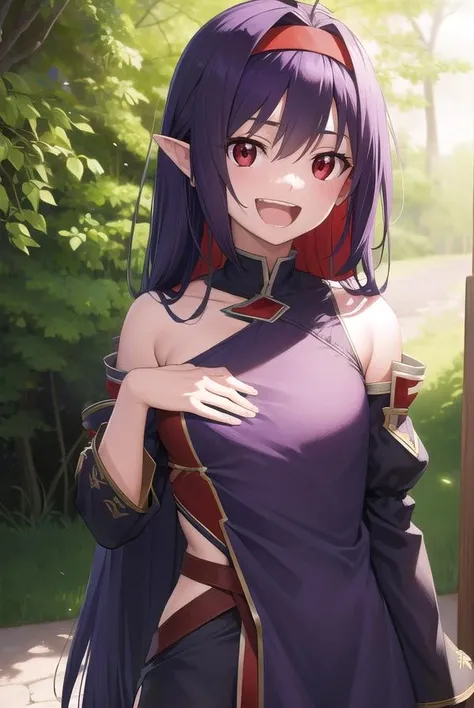 yuukikonno, <lora:yuukikonno-lora-nochekaiser:1>,
yuuki konno, hairband, long hair, pointy ears, purple hair, (red eyes:1.5), (small breasts:1.2), <lora:talkmouth_A_v100:1>, open mouth,
BREAK black thighhighs, detached sleeves, thighhighs, dress, purple dress, armor, purple armor,
BREAK looking at viewer, upper body, full body,
BREAK outdoors, forest, nature,
BREAK <lyco:GoodHands-beta2:1>, (masterpiece:1.2), best quality, high resolution, unity 8k wallpaper, (illustration:0.8), (beautiful detailed eyes:1.6), extremely detailed face, perfect lighting, extremely detailed CG, (perfect hands, perfect anatomy),