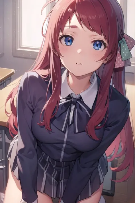 sakuraminamoto, <lyco:sakuraminamoto-lyco-nochekaiser:1>,
sakura minamoto, blue eyes, long hair, red hair, one side up, hair bow, green bow, red bow, ahoge, polka dot, polka dot bow, (small breast:1.2),
BREAK bowtie, long sleeves, school uniform, serafuku, skirt, white skirt,
BREAK looking at viewer, full body,
BREAK indoors, classroom,
BREAK <lyco:GoodHands-beta2:1>, (masterpiece:1.2), best quality, high resolution, unity 8k wallpaper, (illustration:0.8), (beautiful detailed eyes:1.6), extremely detailed face, perfect lighting, extremely detailed CG, (perfect hands, perfect anatomy),